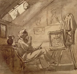 Jonge schilder in zijn atelier