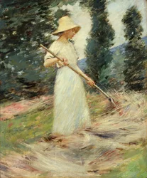 Meisje dat hooi harkt, ca.1890 (olieverf op doek)
