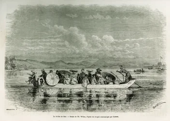 Een boot op de rivier van Hue (Vietnam), tekening door Th. Weber, ter illustratie van het verhaal van acht dagen ambassade in Hue (Koninkrijk Annam), in 1875, door Mr. Brossard de Corbigny, luitenant (N), verbonden aan de missie. Gravure in 
