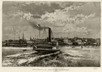 Aankomst in Victoria, Canada. Gravure door Th. Weber, ter illustratie van het verhaal 