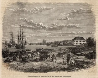 De rede van Saigon, gravure naar een tekening van T. Weber, ter illustratie van de reis naar Cochinchine, door dokter Morice, in 1872, gepubliceerd in 