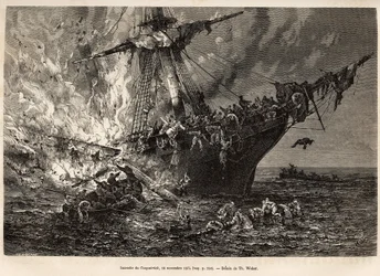 De brand van de Cospatrick, een Brits schip met meer dan 400 emigranten naar Nieuw-Zeeland, op 19 november 1874, gegraveerd naar een tekening van T. Weber, ter illustratie van de studie van stormen en reizen, door Mr. Zurcher en Mr. Margolle, in 1870-1874,