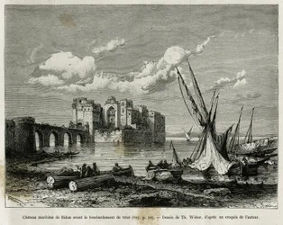 Het maritieme kasteel van Sidon voor het bombardement van 1840. Gravure van Th. Weber, ter illustratie van het verhaal La Syria d