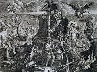 Allegorie van de reizen van Ferdinand Magellan, gravure
