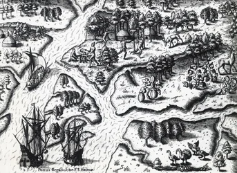 Aankomst van de Fransen in Port Royal in 1564, gravure
