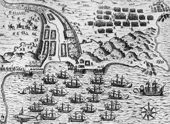 Aanval op Santiago op 27 november 1585 (gravure)