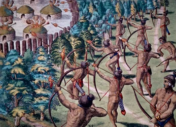 Aanval op dorp met brandende pijlen, gravure uit Narratio In Floridae
