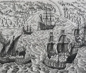 Slag voor de stad Matical in de Baai van Bengalen, gravure uit Indiae Orientalis, door Theodor de Bry
