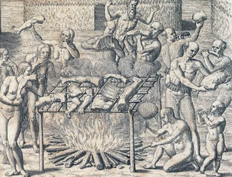 Kannibalisme van stammen in het binnenland van Brazilië, gravure uit Amerikaanse geschiedenis van Theodore de Bry (1528-1598), Frankfurt, Zuid-Amerika