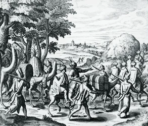 Karavaan van Arabische kooplieden die van Aleppo naar Basra reizen, gravure uit Grands and Petits Voyages, Midden-Oosten
