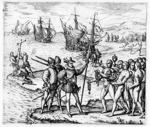 Christoffel Columbus (1451-1506) ontvangt geschenken van de cacique Guacanagari op Hispaniola (Haïti), uit 