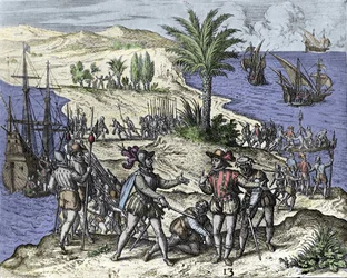 Christoffel Columbus en zijn broer werden gearresteerd door Francisco de Bobadilla in 1500. Gravure door Théodore de Bry (1528-1598).