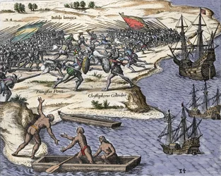 De vierde reis van Christoffel Columbus naar Jamaica in 1502-1504: slag tegen Francisco Poraz. Gravure uit „Historia Americae sive Novi Orbis“ van Theodor de Bry (1527-1598), Amsterdam, 1594.