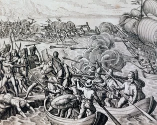 Botsing tussen inheemse Indianen en Spaanse troepen, gravure uit Historia Americae, door Theodor de Bry, Frankfurt