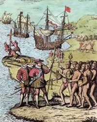 Columbus op Hispaniola, uit „The Narrative and Critical History of America”, onder redactie van Justin Winsor, Londen, 1886 (latere inkleuring)