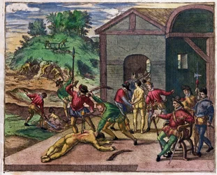 Wreedheid van de Spaanse kolonisten tegenover de indianen, Mexico, ca. 1550