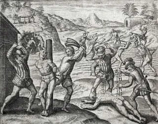 Beschrijving van misdaden begaan tegen Indianen door Spaanse kolonisten - Spanjaarden martelen Indianen - Gravure door Theodore de Bry in 