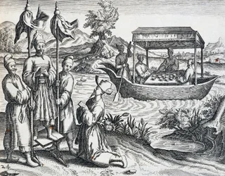 Straat van hoogwaardigheidsbekleders, uit reis ondernomen door Jan Huyghen van Linschoten (1563-1611) tussen 1583 en 1592, gravure uit India Orientalis door Theodor de Bry (1528-1598), China