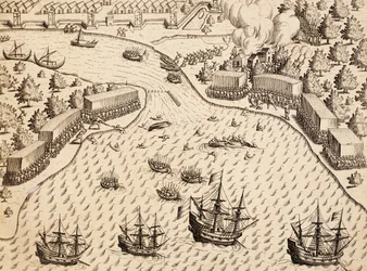 Nederlanders arriveren op Madura-eiland, Java, gravure uit India Orientalis