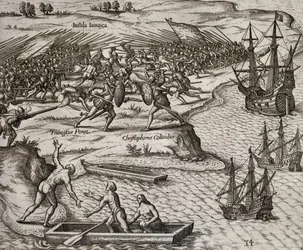 Gevecht tussen Christoffel Columbus en Francesco Poresio in Jamaica, gravure door Theodor de Bry (1528-1598)