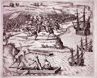 Vierde reis van Christoffel Columbus op het eiland Jamaica in 1503