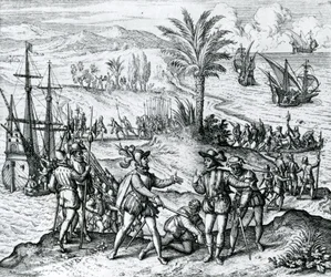 Francisco de Bobadilla arriveert als gouverneur en arresteert Christoffel Columbus (1451-1506) op Hispaniola, 1500, 1590