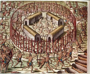 Geschiedenis van Amerika: "Een Indiaans Dorp in Virginia" Gravure uit "Admirante Narratio Americae" door Theodore de Bry (1528-1598)