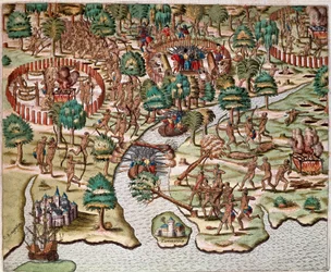 Geschiedenis van Amerika: "Beschrijving van belegerings- en aanvalsmethoden, Indianen vechten tegen Spaanse legers" Verslag van de gevangenschap van Hans Staden, Duitse ontdekkingsreiziger die met de Spaanse vloten naar Brazilië vertrok, gevangen genomen d