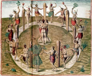 Geschiedenis van Amerika: "Rituele Dans om Vriendschap te Vieren" Gravure door Theodore de Bry (1528-1598). 16e eeuw Vincennes, Historisch Museum van de Marine