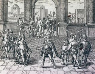 Inca-keizer Atahualpa wordt gevangengenomen door Spanjaarden in Cajamarca, Peru, gravure uit American History door Theodore de Bry, Frankfurt