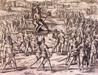 De Inca-keizer Atahualpa verslagen door de Spaanse troepen van Francisco Pizarro (1475-ca. 1541), Peru, gravure uit Amerikaanse geschiedenis van Theodore de Bry (1528-1598), Frankfurt