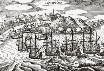 Mexico, Uitzicht op Acapulco - Mexico (Aquapolque), Theodore de Bry, ca. 1630. Vroeg uitzicht op de koloniale nederzetting in Acapulco, die de Spanjaarden gebruikten als belangrijkste haven voor hun handel met de Filippijnen. De haven is gevuld met galeien