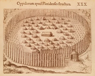 Inheems dorp in Florida, illustratie uit The Discourse of Florida