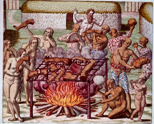 Scène van kannibalisme in Brazilië Indianen verslonden hun vijanden en gevangenen. Gravure uit 