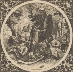 Scène met een waarschuwing tegen geslachtsziekten in een cirkel in het midden, 1580-1600