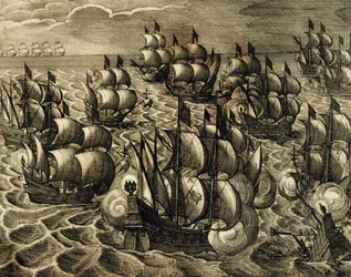 Spaanse Armada onder bevel van Rodrigo Mendoza, gravure door Theodore de Bry, uit History of America, Spanje, 1602