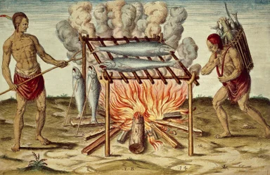 Taino inboorlingen koken vis, kleurgravure door Theodor de Bry, naar schilderij van John White, uit Kort en waar verslag van nieuw gevonden land van Virginia