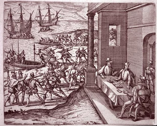 De Spaanse conquistadores Francisco Pizarro, Diego de Almagro en Hernando de Luque bundelden hun krachten om Peru te veroveren