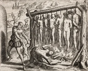 Dertien opgehangen en verbrande slachtoffers, voorstelling van misdaden die Spaanse kolonisten de Indianen aandeden, uit ‘Narratio regionum indicarum per Hispanos quosdam devastatarum verissima’ van Bartolomé de las Casas