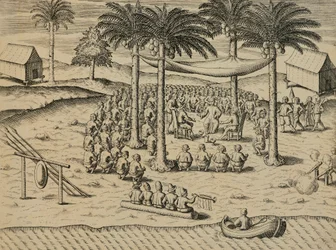 Welkom van inheemse Afrikaanse inboorlingen, illustratie uit Indiae Orientalis door Antonio Pigafetta, door Theodore de Bry