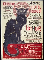 Reclameposter die de verkoop in Hôtel Drouot in 1898 aankondigt van de collectie van Le Chat Noir en werken van Rodolphe Salis