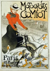 Reclameposter voor Comiot-motorfietsen. Een jonge vrouw op een bromfiets rijdt tussen een groep ganzen