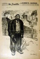Tekening van een arme fabrieksarbeider tegen een industrieel landschap, door Alexandre Steinlen (1859-1923), een Zwitsers-Franse Art Nouveau schilder en graficus