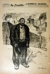 Tekening van een arme fabrieksarbeider tegen een industrieel landschap, door Alexandre Steinlen (1859-1923)