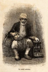 Een reizende koffieverkoper (cafedji), in de bazaar van Trebizonde, het huidige Trabzon aan de kust van de Zwarte Zee, gravure naar een tekening van de verteller, ter illustratie van een reis naar Lazistan en Armenië uit 1869, van Théophile Deyrolle