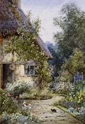 Een Tuinhuisje met een Kat op de Voorgrond; en een Tuinrand in de Zomer