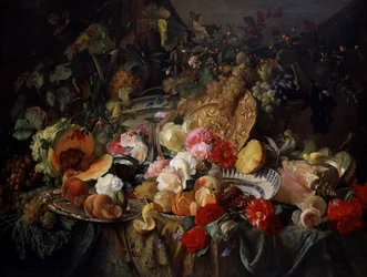 Stilleven van rozen en fruit. Schilderij van Theude Gronland (1817-1876)