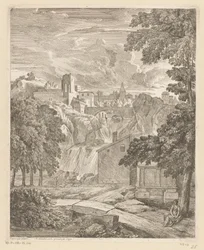 Arcadisch landschap met een waterval en een vrouw onder een boom