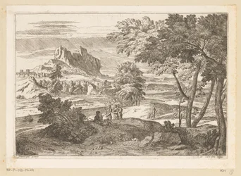 Arcadisch landschap met figuren en konijnen