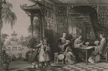 Dames van een Mandarijnfamilie aan het kaarten, uit 